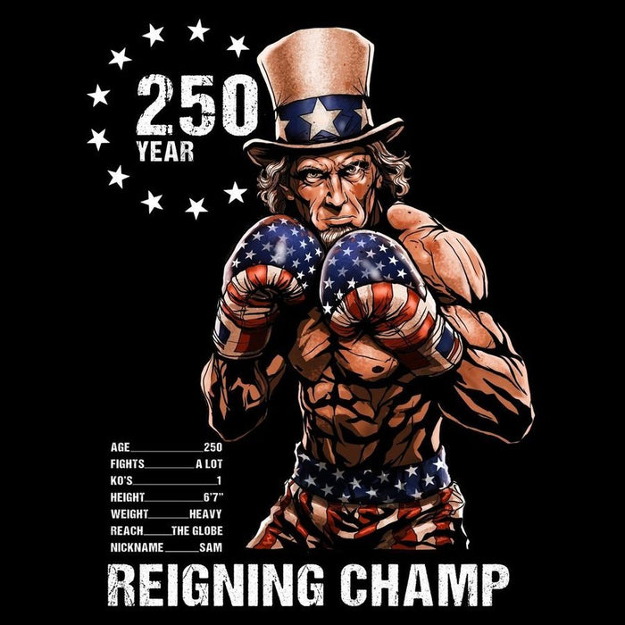 Illustration of Uncle Sam in boxing gloves with American flag design, celebrating 250 years on a black background.