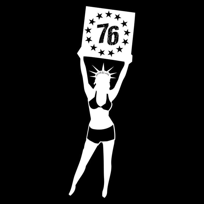 White silhouette of a woman holding a sign with '76' and stars on a black background