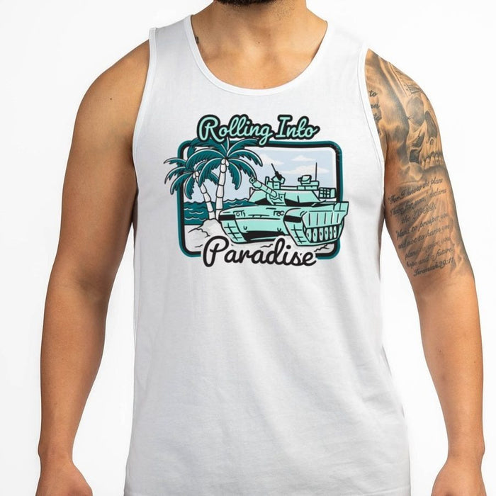 White tank top with 'Rolling Into Paradise' graphic design featuring palm trees and a beach scene.