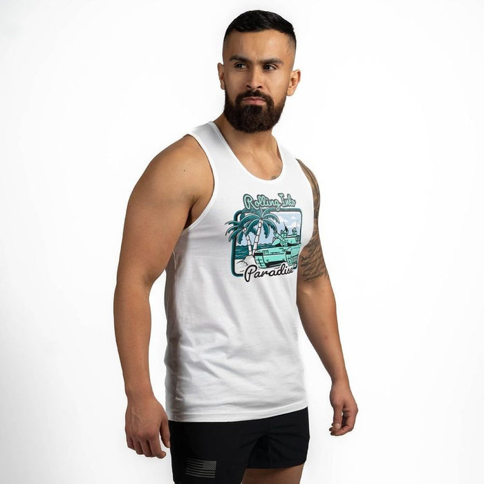 Man wearing a white tank top with a graphic design on a white background