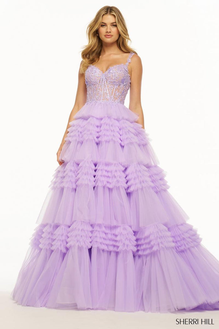 Sherri Hill Tulle Ruffle Ball Gown Prom Dress 56019