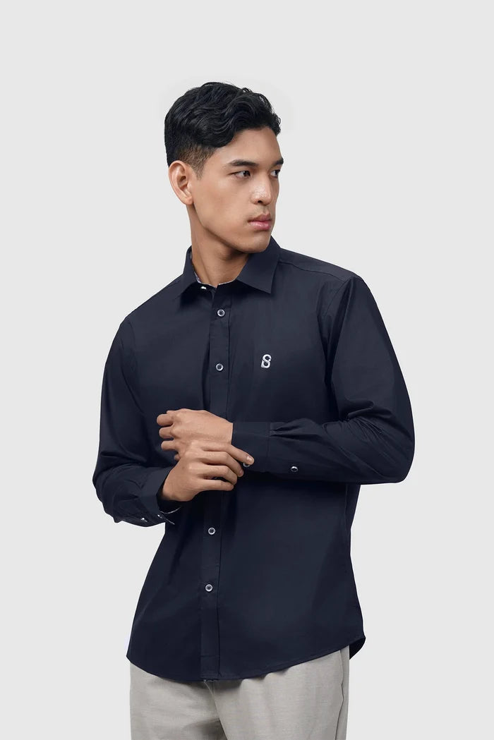 signature men poplin shirt long sleeve in navy by buttonscarves front view