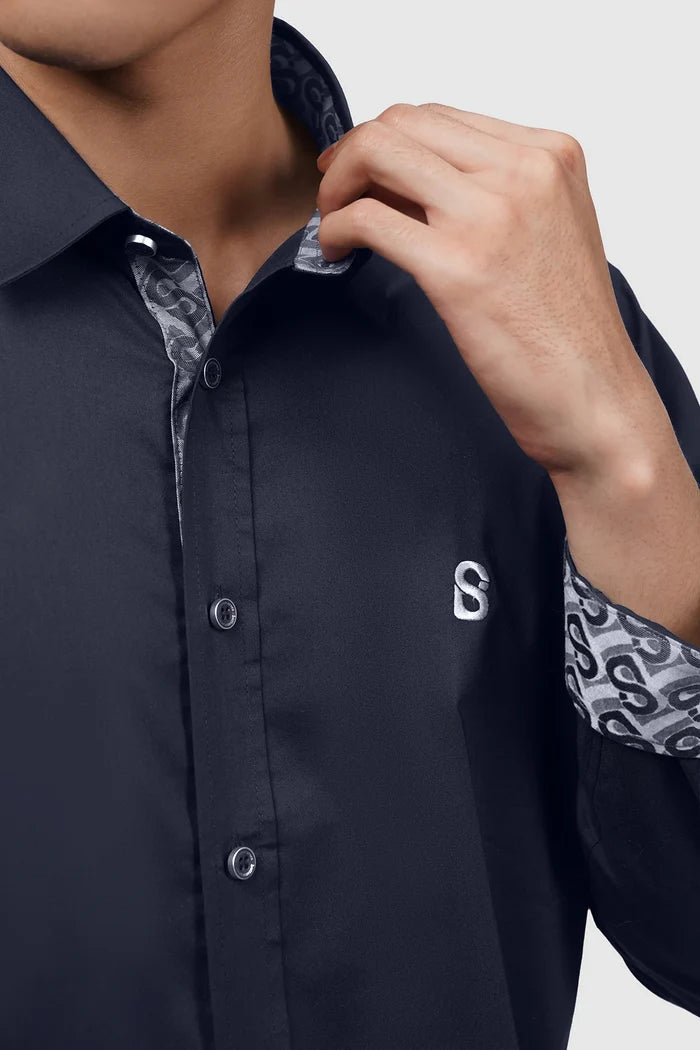 signature men poplin shirt long sleeve in navy by buttonscarves with subtle fabric combination details
