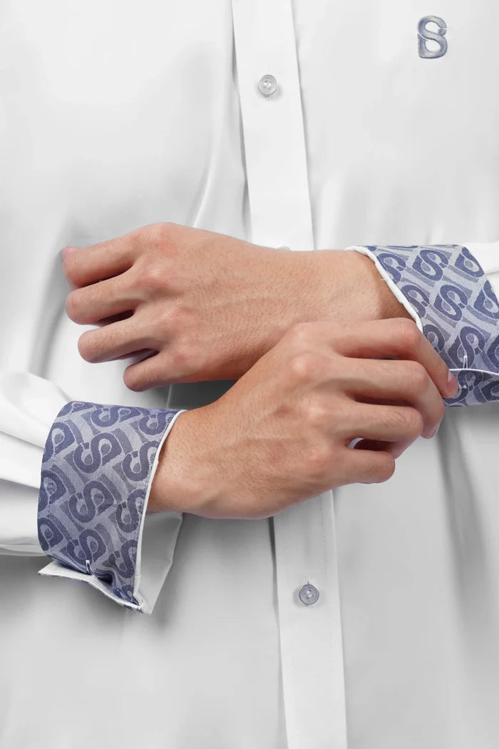 signature men poplin shirt long sleeve in white by buttonscarves with subtle fabric combination details