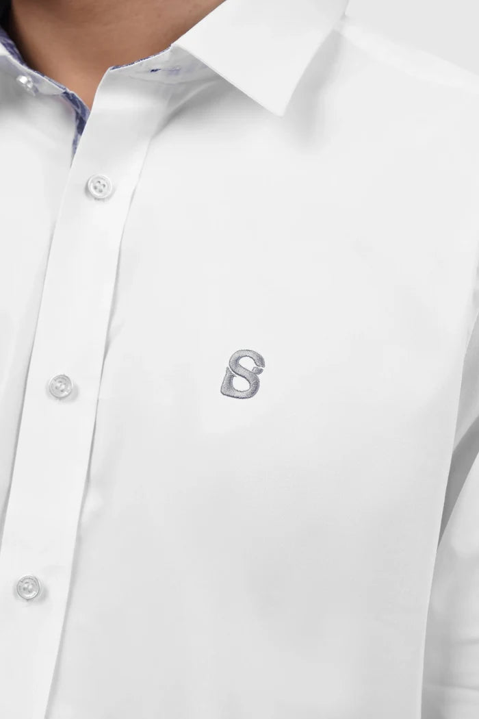 signature men poplin shirt long sleeve in white by buttonscarves with signature b embroidery logo