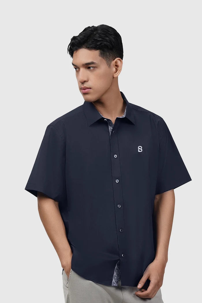signature men poplin shirt short sleeve in navy by buttonscarves front view