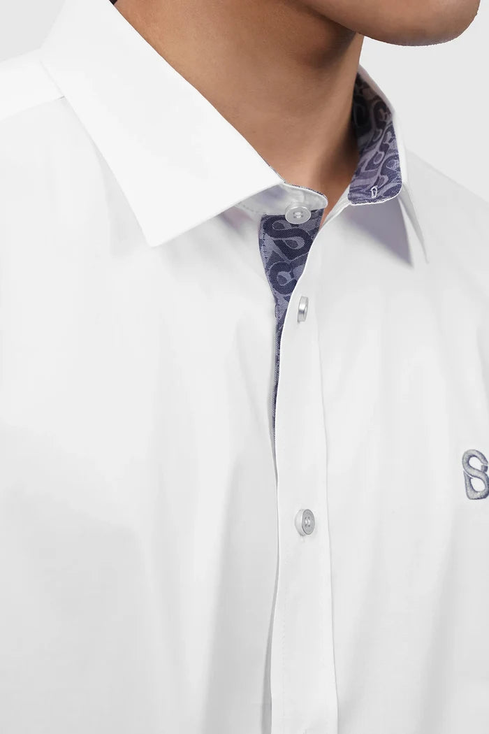 signature men poplin shirt short sleeve in white by buttonscarves designed with a classic pointed collar