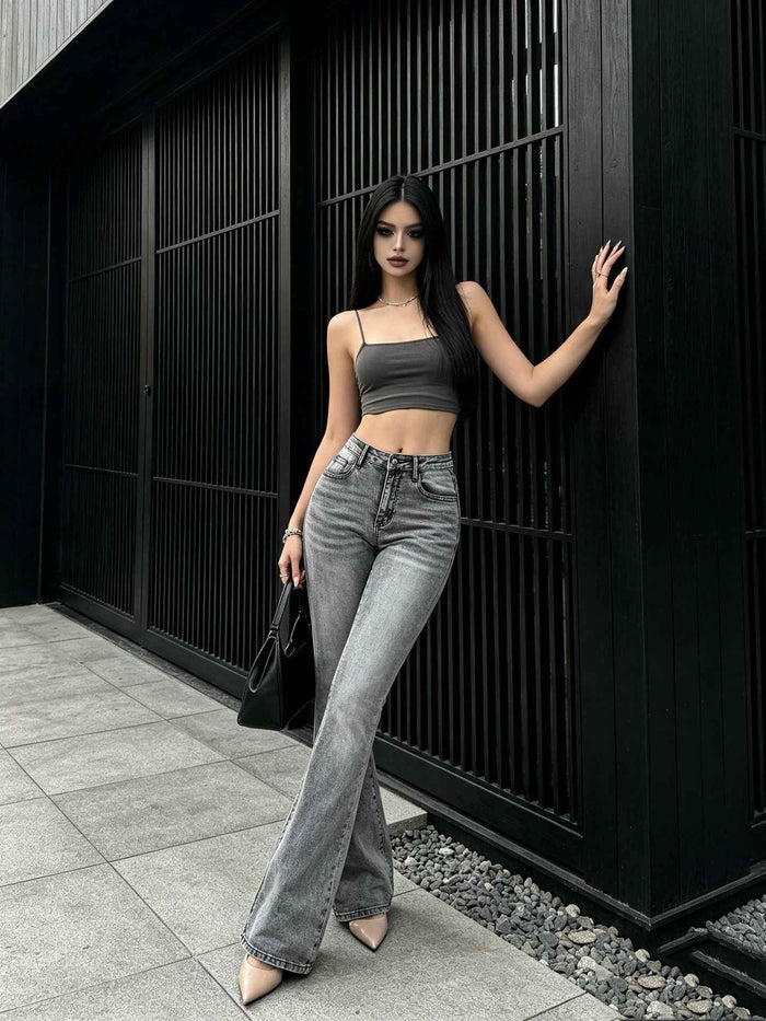 Smoke-Gray Mid-Rise Bootcut Jeans