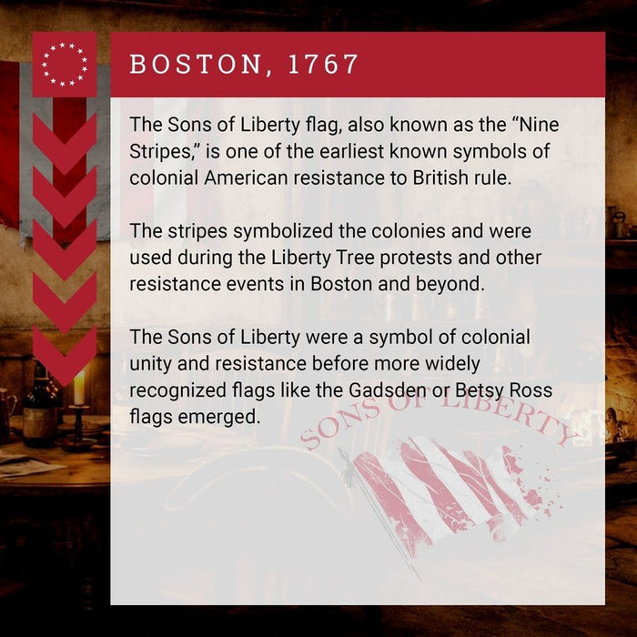 Informational text about the Sons of Liberty flag with a red border and historical context.