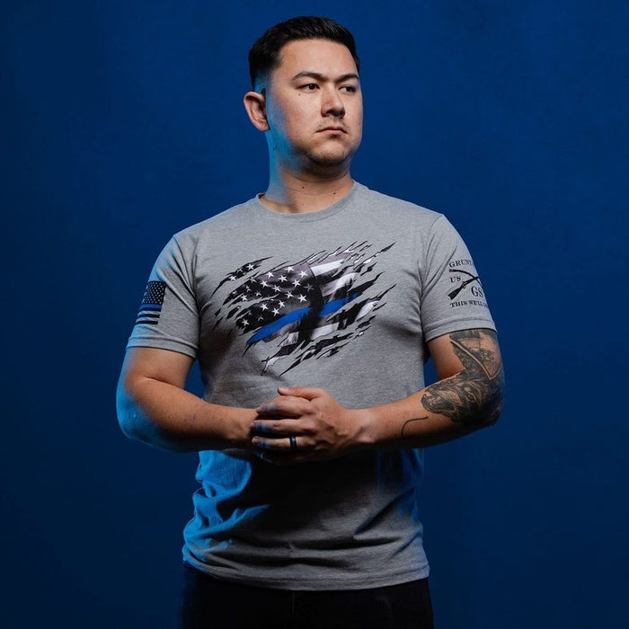 Grunt Style Still Standing Blue Line T-Shirt - Dark Heather Gray T-Shirt