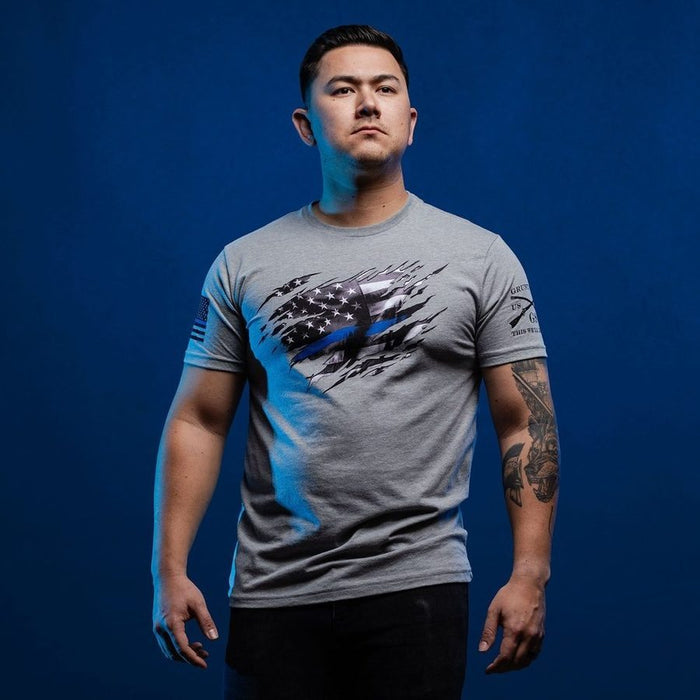 Grunt Style Still Standing Blue Line T-Shirt - Dark Heather Gray T-Shirt