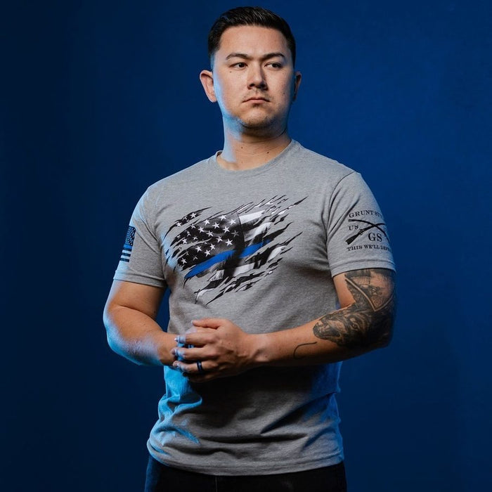 Grunt Style Still Standing Blue Line T-Shirt - Dark Heather Gray T-Shirt