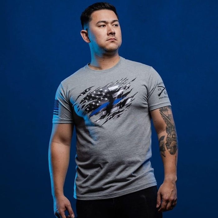 Grunt Style Still Standing Blue Line T-Shirt - Dark Heather Gray T-Shirt