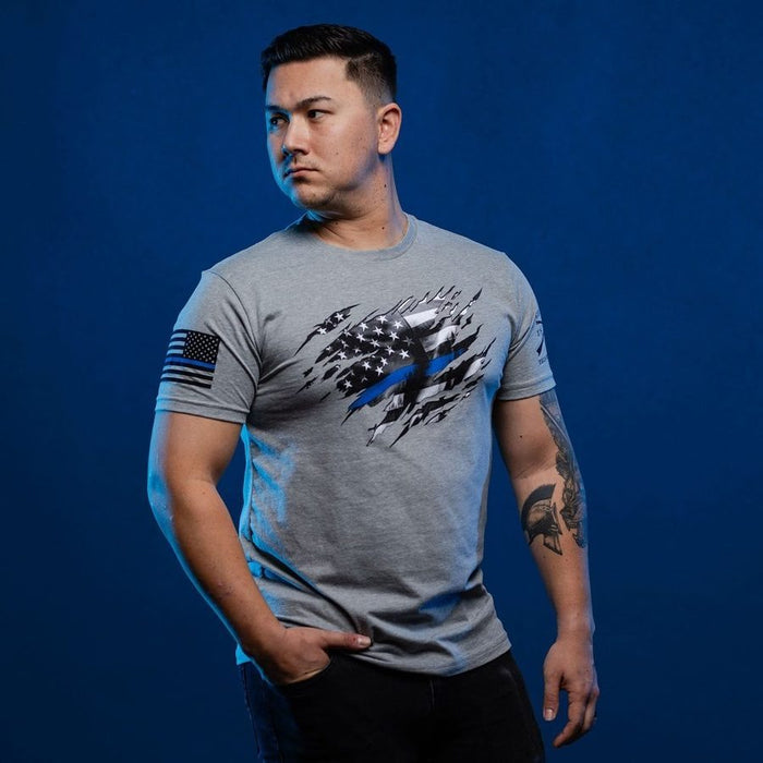 Grunt Style Still Standing Blue Line T-Shirt - Dark Heather Gray T-Shirt