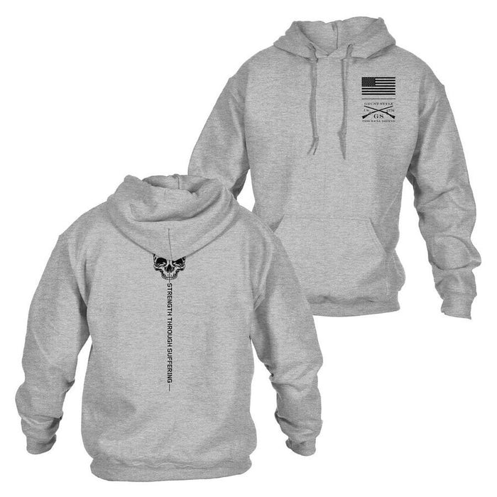 Gray hoodie with skull design on front and flag patch on sleeve, on a white background