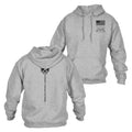 Gray hoodie with skull design on front and flag patch on sleeve, on a white background