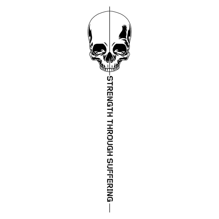 Skull design with 'Strength Through Suffering' text on a white background