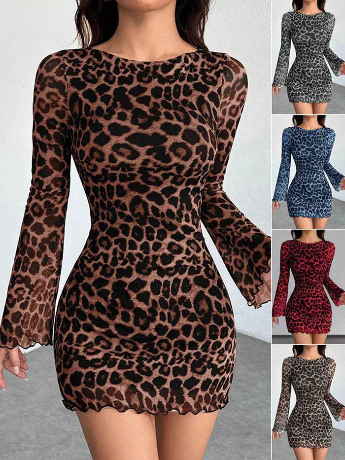 Leopard Print Round Neck Long-Sleeved Dress Elegant Mesh Short Skirt Vacation Seaside Dress - JSM-Street Dreams
