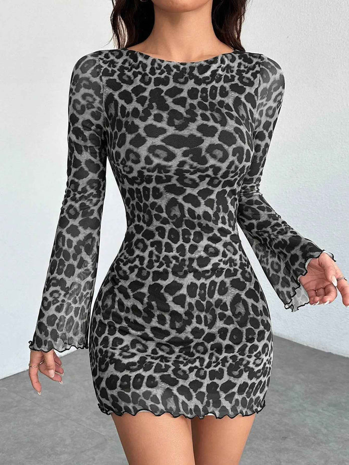 Leopard Print Round Neck Long-Sleeved Dress Elegant Mesh Short Skirt Vacation Seaside Dress - JSM-Street Dreams