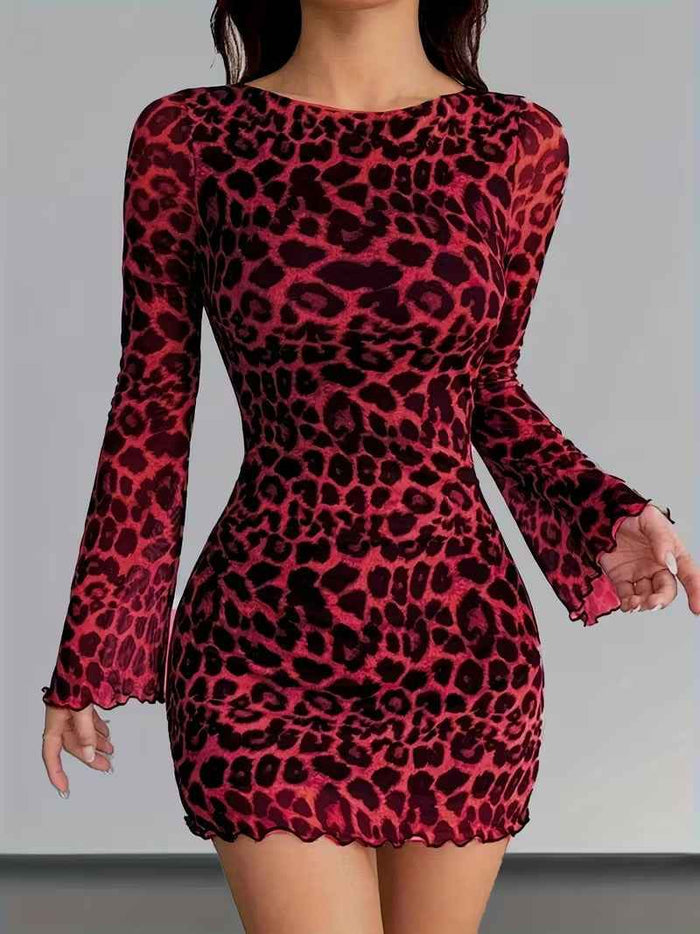 Leopard Print Round Neck Long-Sleeved Dress Elegant Mesh Short Skirt Vacation Seaside Dress - JSM-Street Dreams