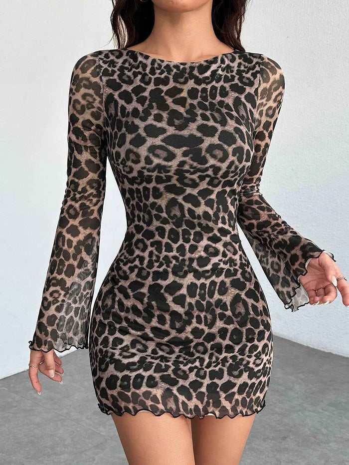 Leopard Print Round Neck Long-Sleeved Dress Elegant Mesh Short Skirt Vacation Seaside Dress - JSM-Street Dreams