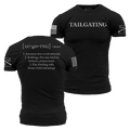 Black short-sleeve T-shirt shown from both front and back on a white background. The front has the word "TAILGATING" printed in white across the chest, and the back has a dictionary-style definition printed in white.