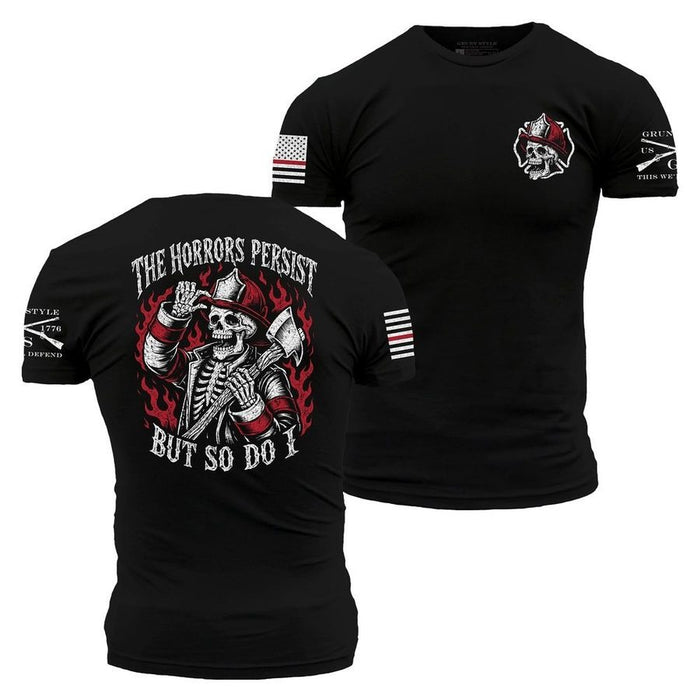black t-shirt with white graphics and text on a white background