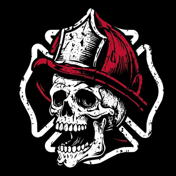 A stylized skull wearing a red firefighter helmet, outlined in white on a black background.