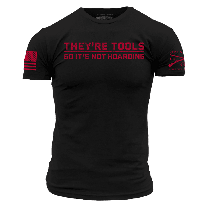 Black t-shirt with red text and graphics on a white background