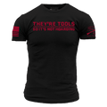 Black t-shirt with red text and graphics on a white background