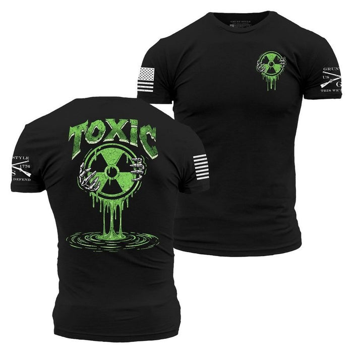 Black t-shirt with green radioactive symbol and 'TOXIC' text on a white background