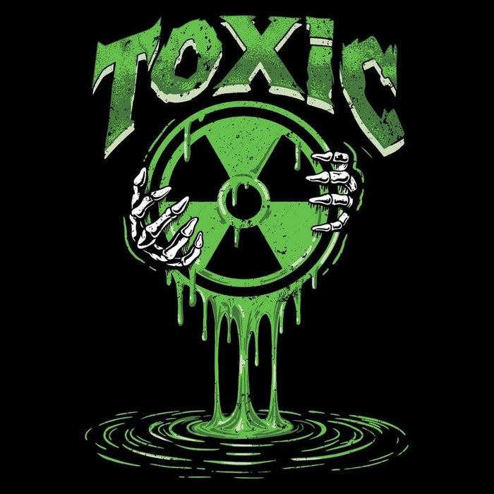 Green toxic symbol with dripping green liquid and skeleton hands on a black background