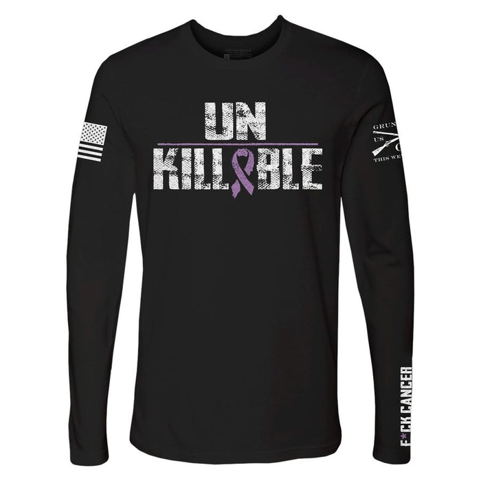 Black long-sleeve shirt with 'UNKILLABLE' text and purple ribbon design on a white background