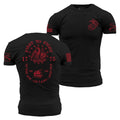 Black t-shirt with red and white graphics on a white background