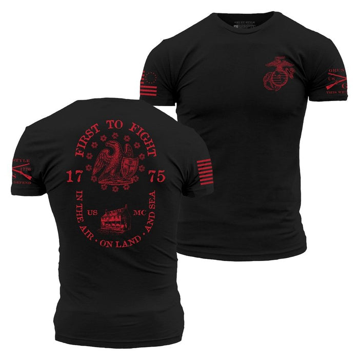 Black t-shirt with red and white graphics on a white background