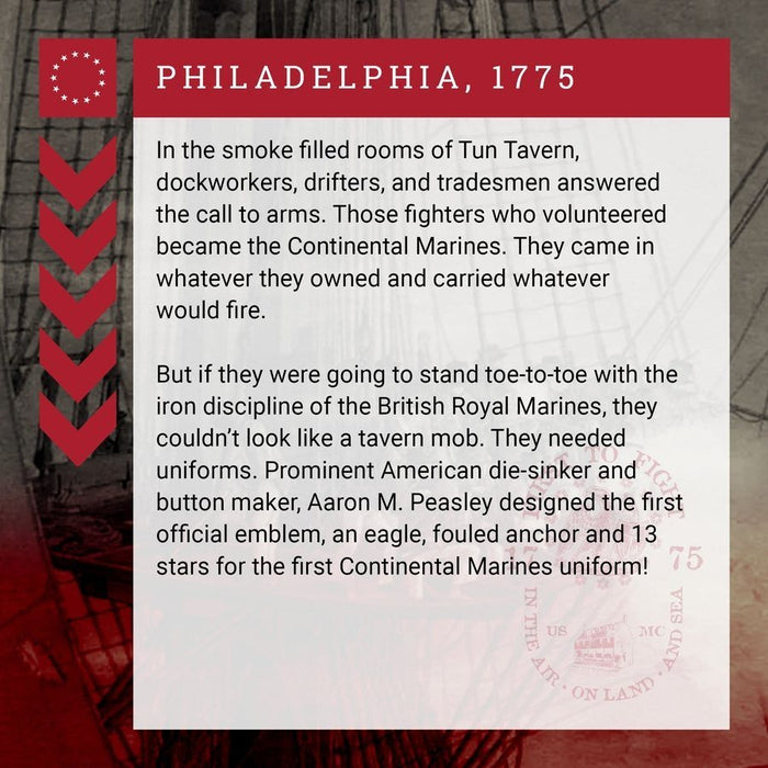 Text about the Continental Marines in Philadelphia, 1775, with a red border and emblem.