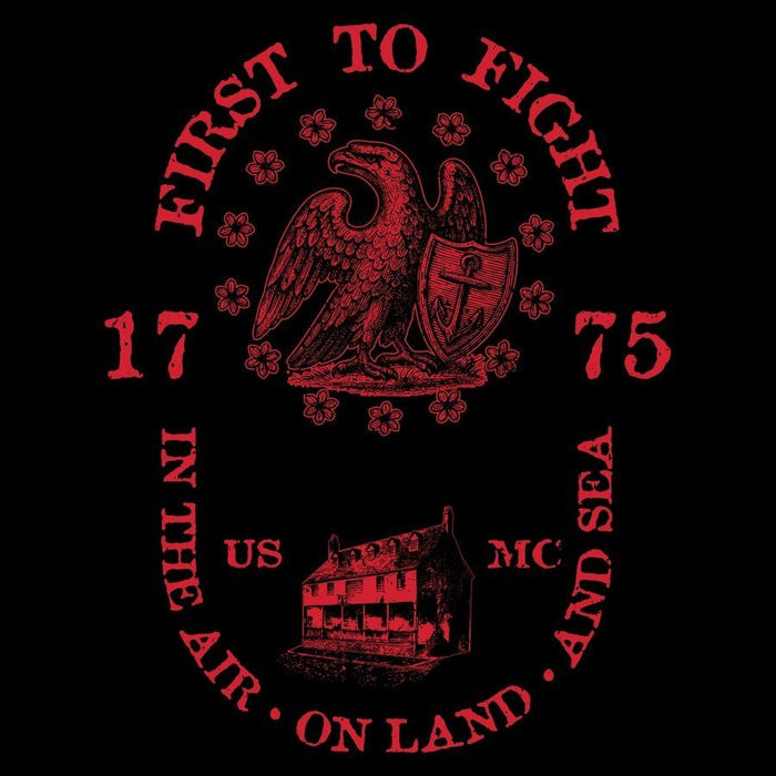 Red emblem with text and an eagle on a black background
