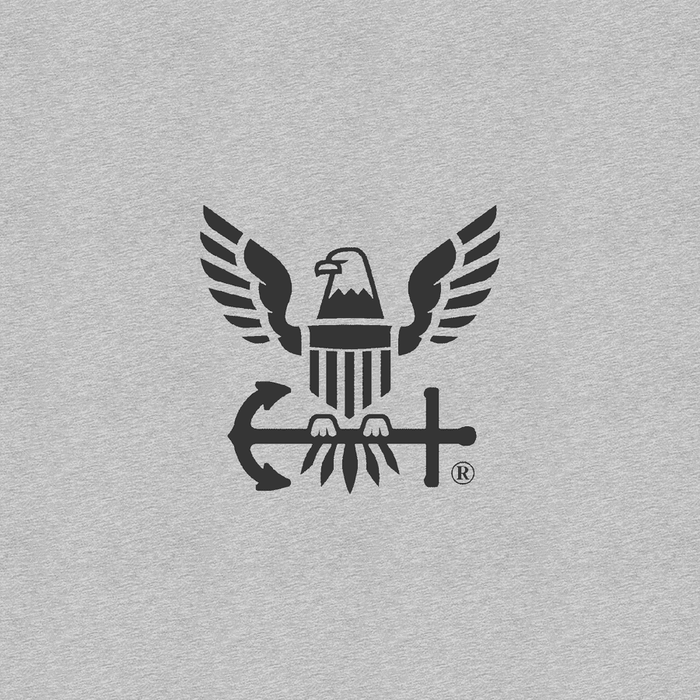 Black logo featuring an eagle and anchor on a gray background
