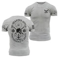 Gray t-shirt with military-themed graphics and text on a white background