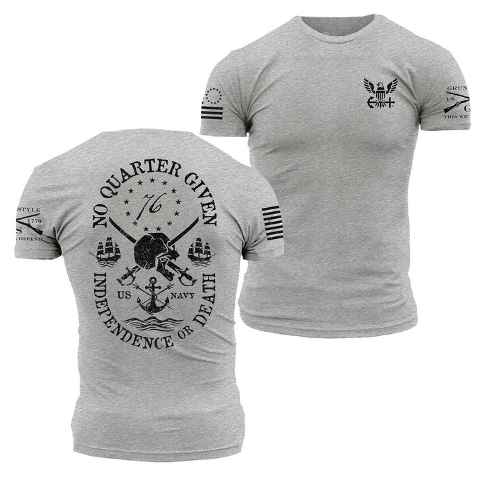 Gray t-shirt with military-themed graphics and text on a white background