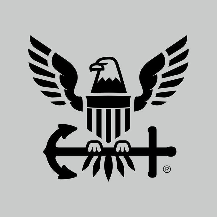Black logo featuring an eagle with outstretched wings on a gray background