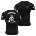 Black t-shirt with white graphic designs on a white background