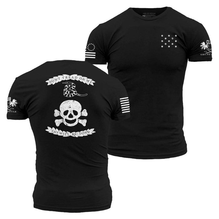 Black t-shirt with white graphic designs on a white background