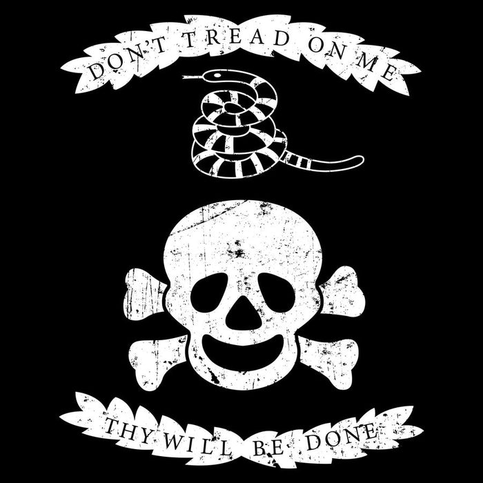 Pirate flag design with skull and crossbones, snake, and text 'Don't Tread on Me' and 'Thy Will Be Done'.