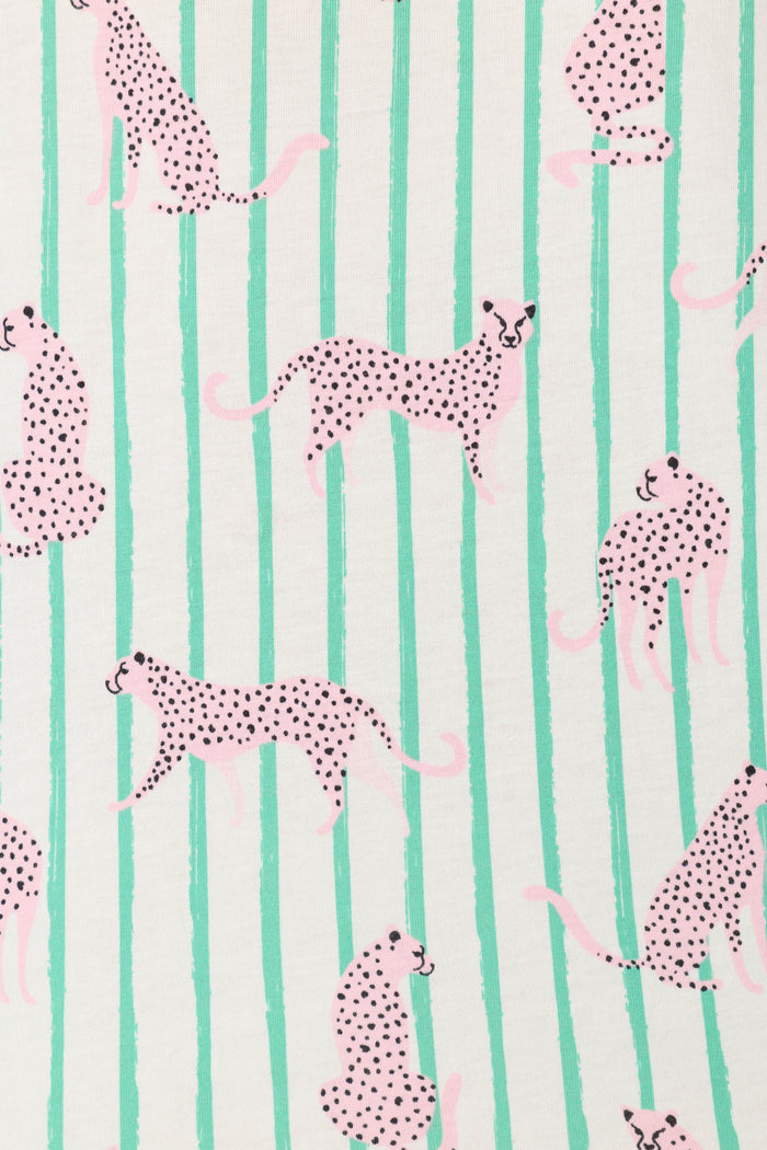 The P.J. Salvage Whimsy Cool Cat Cropped PJ Set features pink cheetahs with black spots in playful poses on a white background accented by vertical green lines.