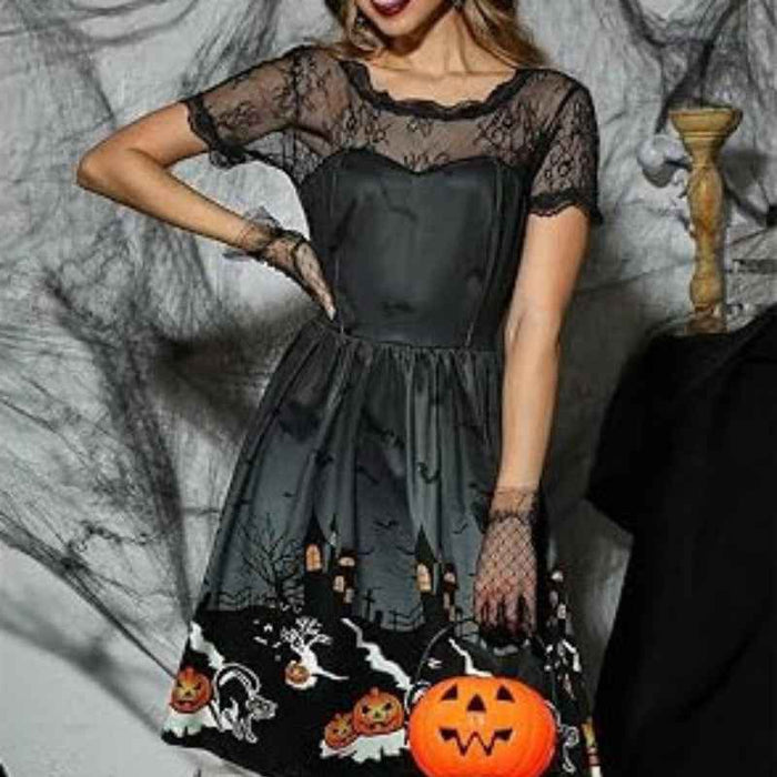 Women's 3D Print Halloween A-Line Short-Sleeve Costume Dress