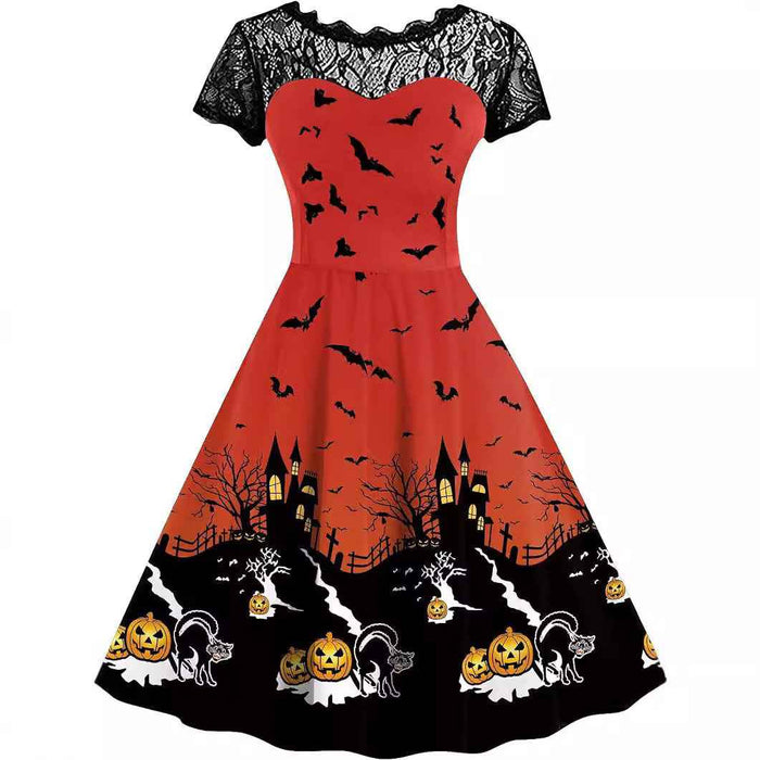 Women's 3D Print Halloween A-Line Short-Sleeve Costume Dress