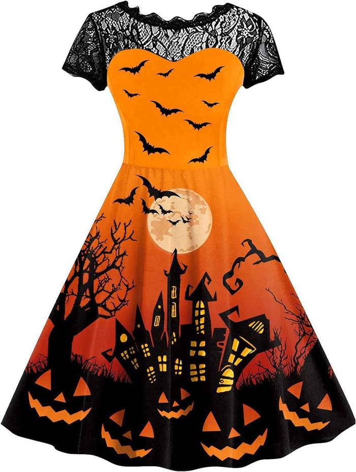 Women's 3D Print Halloween A-Line Short-Sleeve Costume Dress