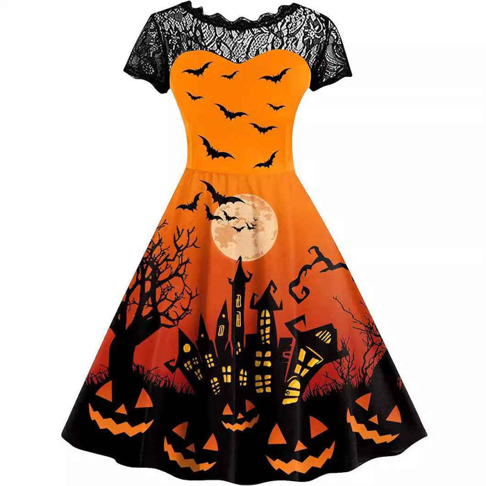 Women's 3D Print Halloween A-Line Short-Sleeve Costume Dress