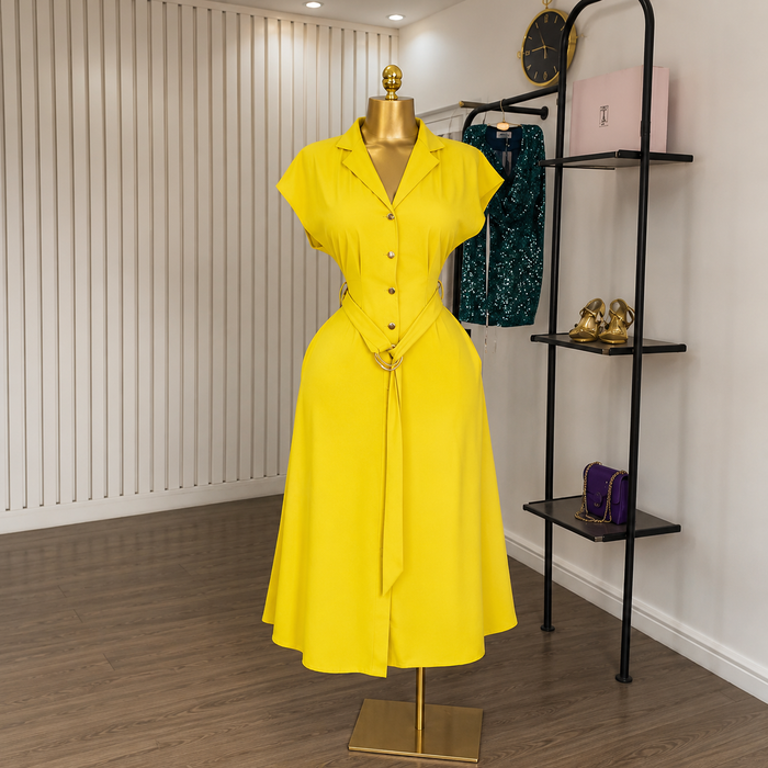 Women’s Belted Shirt Midi Dress – Elegant Suit Collar Style
